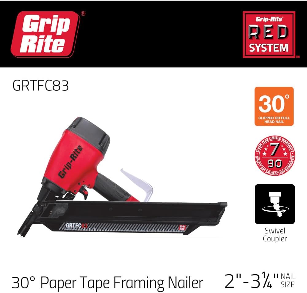 Grip-Rite GRTFC83 30-Degree Short Body Paper Tape Framing Nailer, Accepts 2' to 3-1/4' Clipped and Round Head Paper Tape Framing Nails