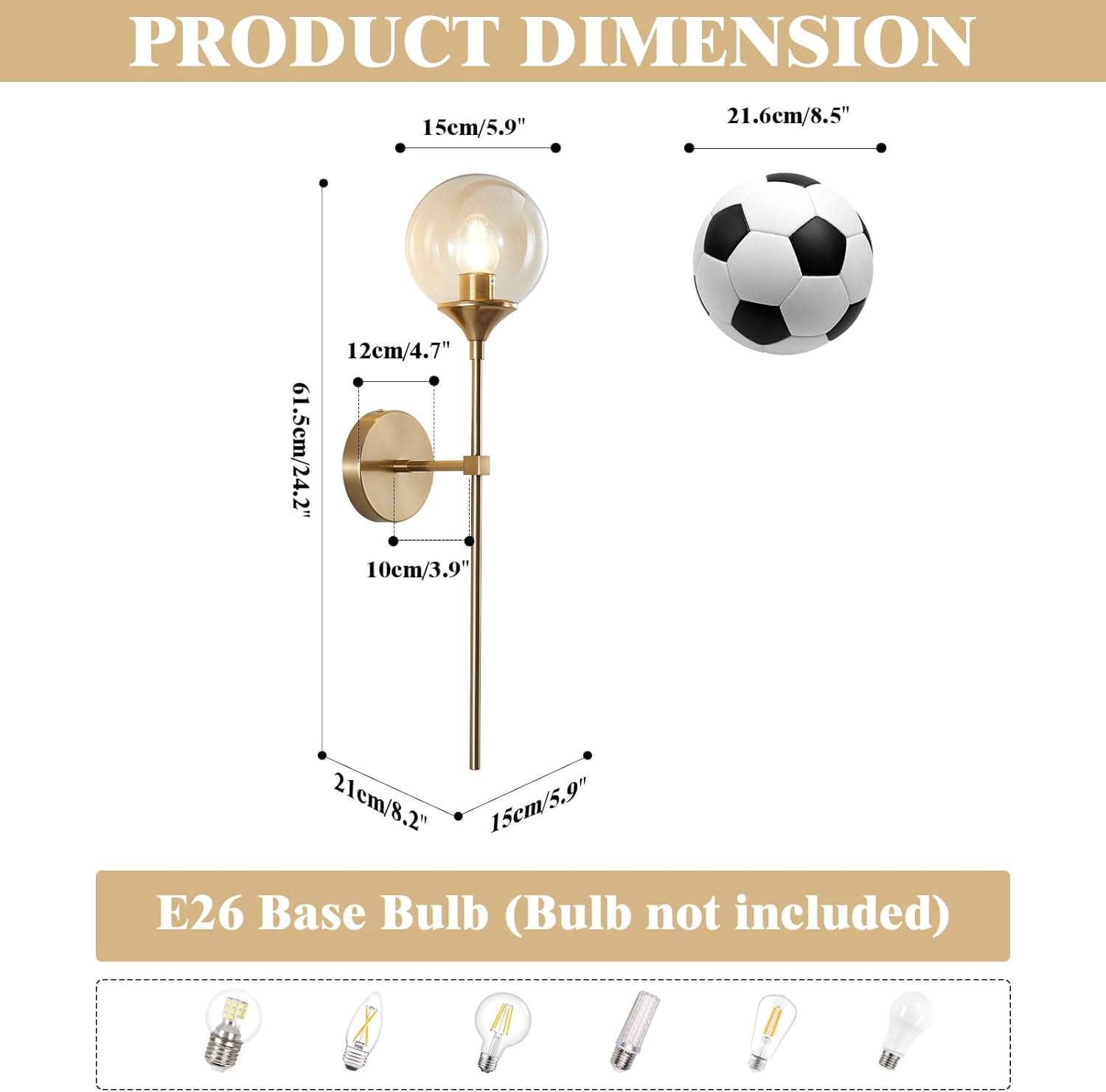 KCO Mid-Century Modern Wall Mounted Sconces Set of 2 Amber Glass Globe Wall Lamps with Long Arm Industrial Gold Wall Lights Fixture for Bedroom Bedside Stairway Hallway
