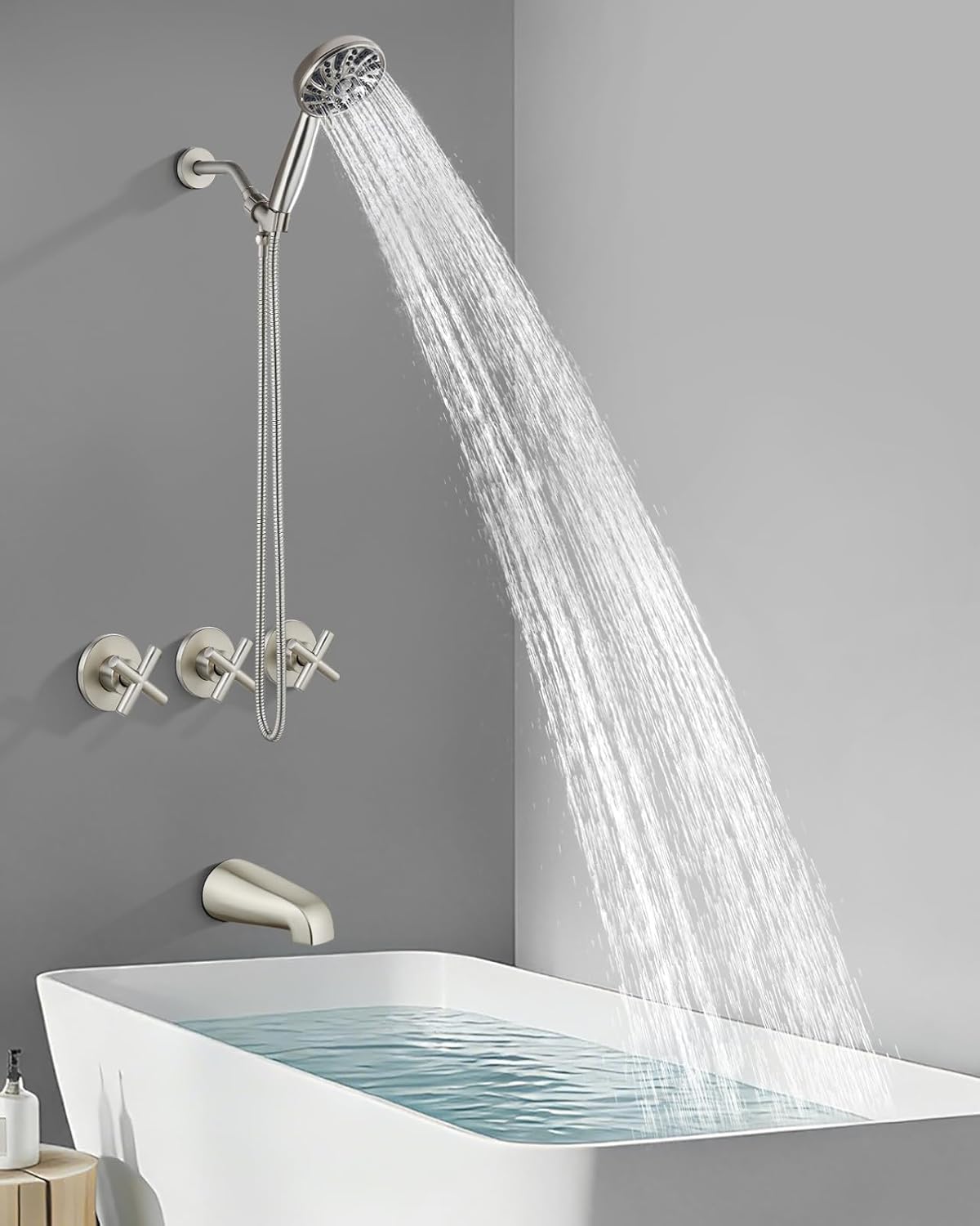 gotonovo 3 Handle Tub Shower Faucet Set,Shower System with Tub Spout,Shower Head and Handle Set with 6 Settings Handheld Spray Tub and Shower Faucet Combo Wall Mount Tub Shower Fixture Brushed Nickel
