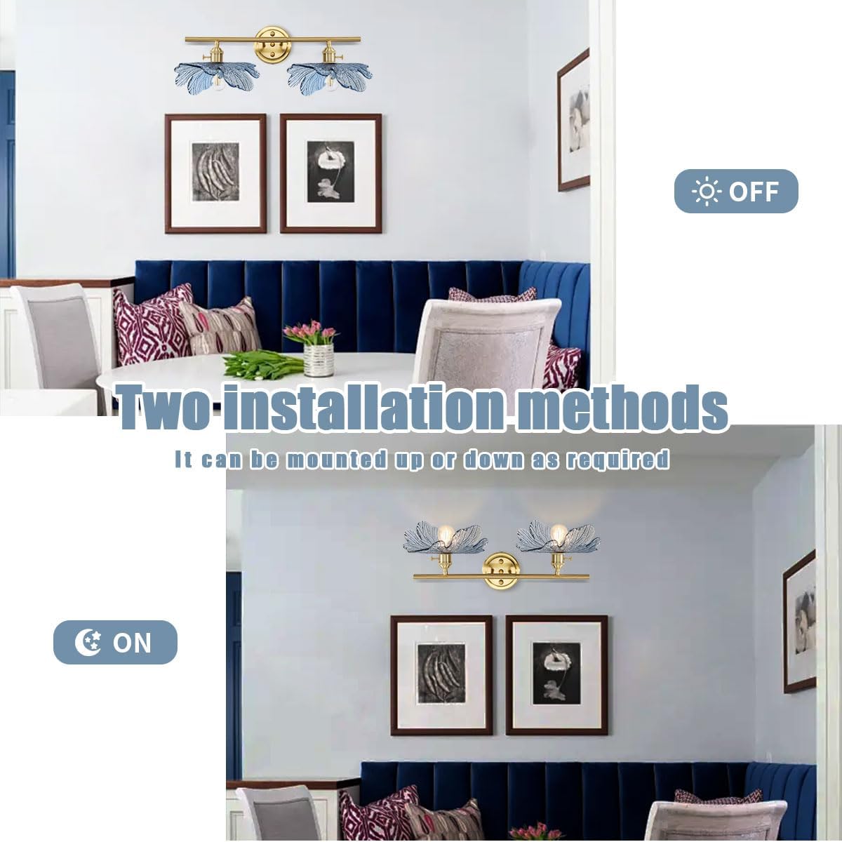 2 Light Bathroom Vanity Light Gold Brass Wall Sconce with Blue Flower Glass Shade Mid Century Wall Light Vintage Wall Sconce Art Deco Bathroom Lights Over Mirror for Bedroom Hallway Living Room