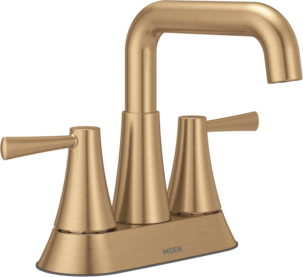 Moen Ronan Bronzed Gold Two-Handle 4 in. Centerset Modern Double Bend Bathroom Faucet with Push-Down Drain, 84025BZG