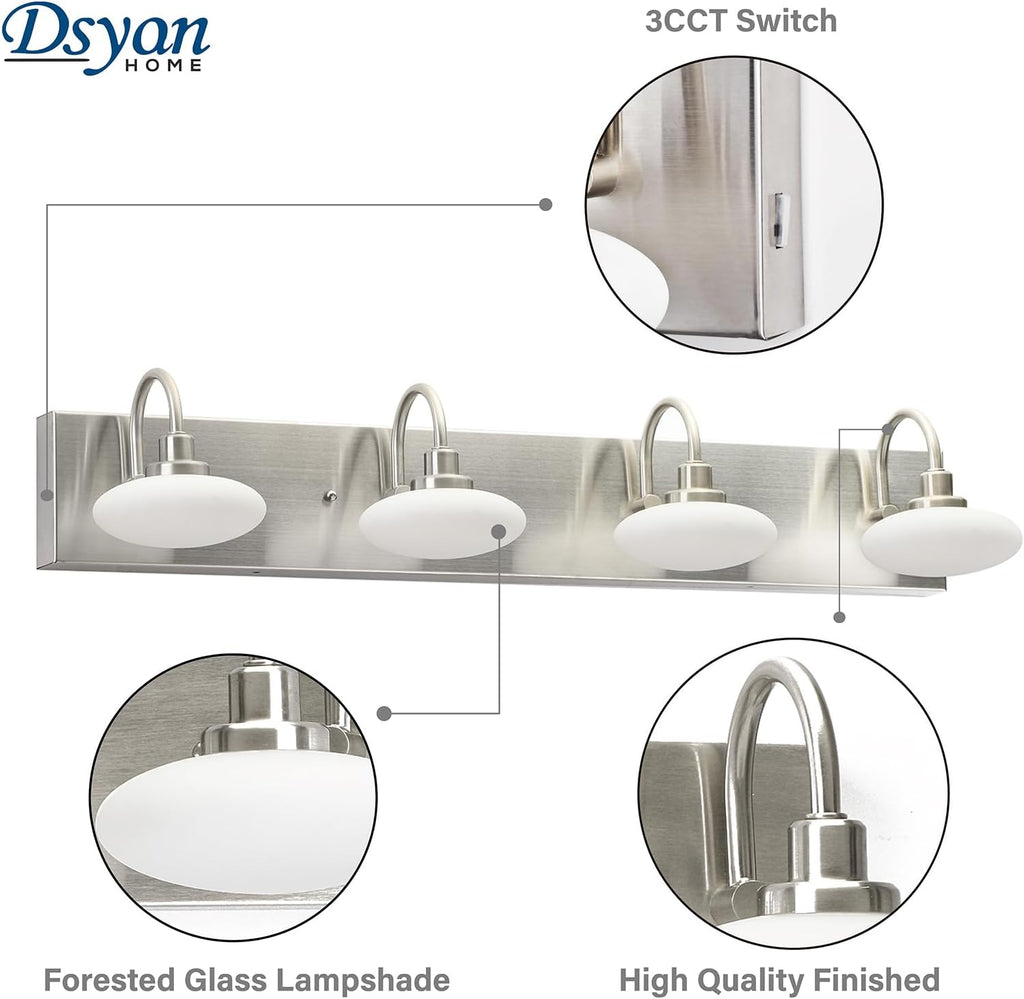 28in Brushed Nickel LED Vanity Light Fixtures,4-Light Bathroom Vanity Light Sconce Lamp,Bathroom Lamp Over Mirror, Modern Wall Sconce for Bath,Hallway,Cloakroom,3000K-6000K,Selectable, Dimmable