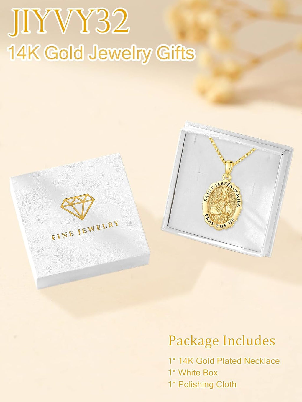 14K Gold Saint Medal Necklace for Women, Catholic Patron Saint Pendant Necklace, Christian Religious Jewelry Gift for Confirmation Baptism Communion Christmas Birthday