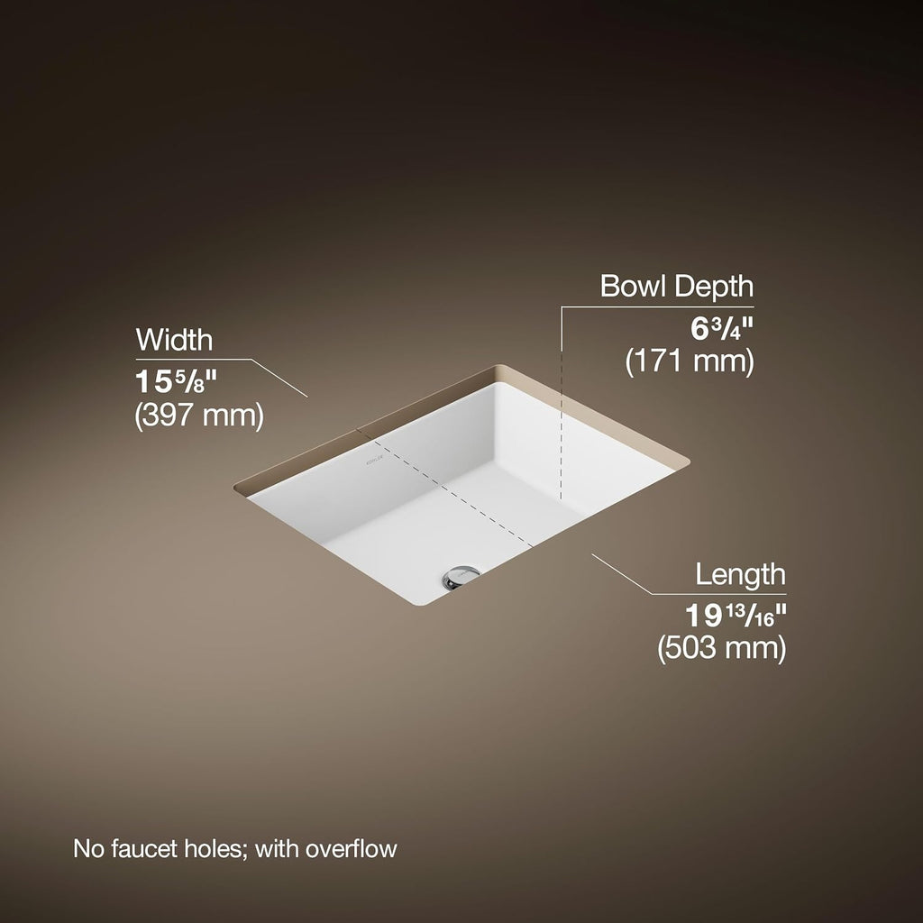 KOHLER 2882-0 Verticyl Rectangular Undermount Bathroom Sink, 19 3/4', White