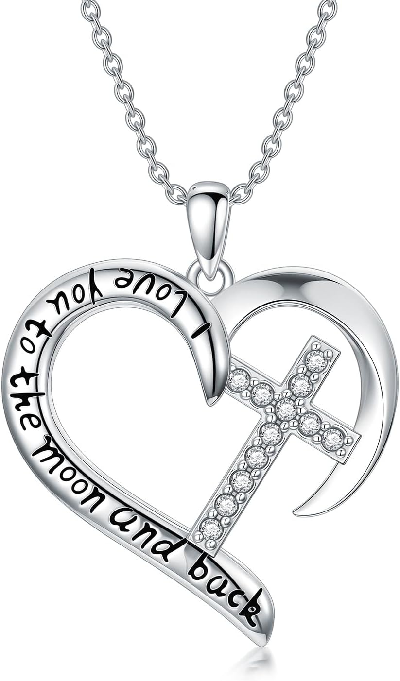 Real Sterling Silver Religious Necklace for Women, s925 Silver Cross Necklace Christian Religion Jewelry for Confirmation Baptism Ladies Mom, 18+2'