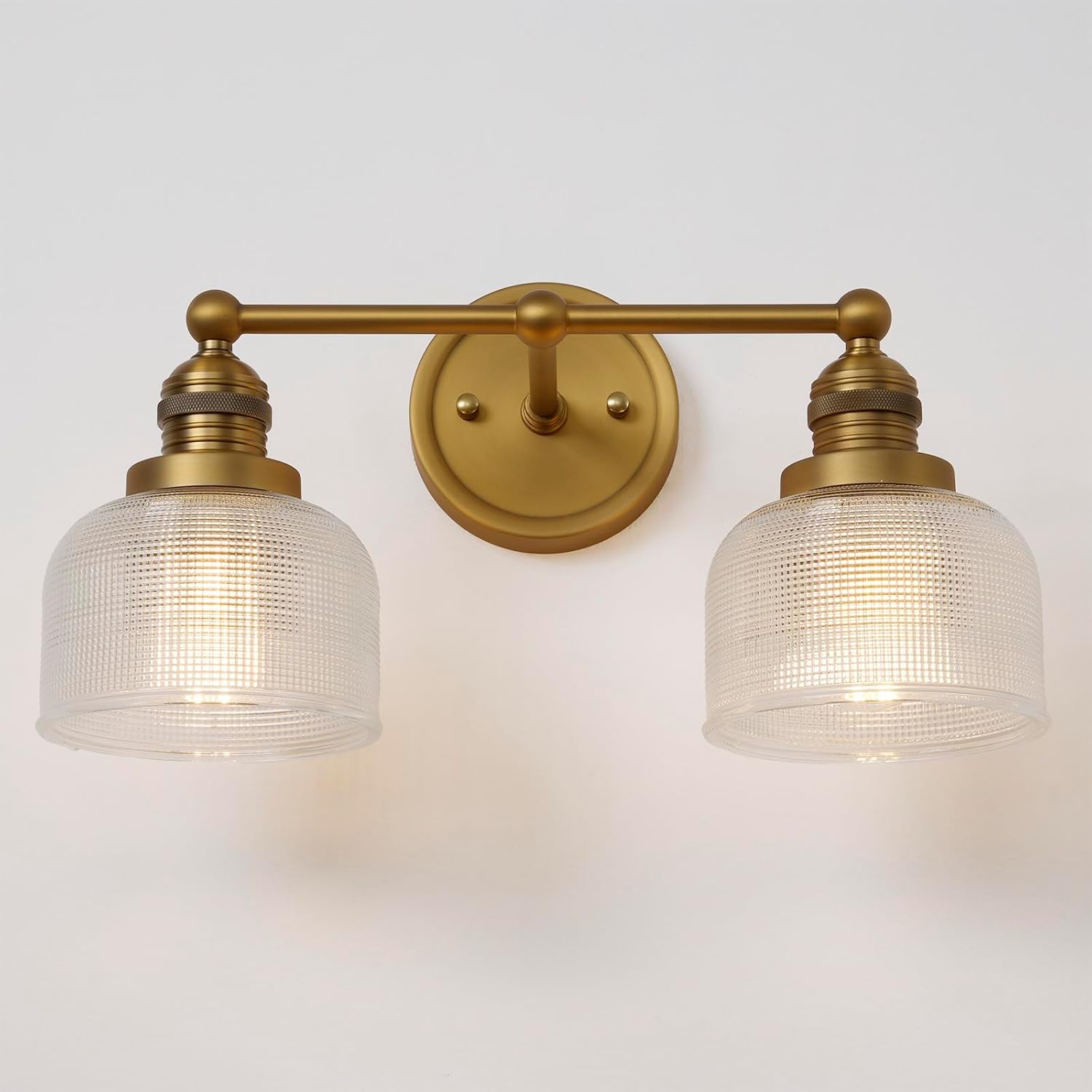 Double Vintage Gold Wall Sconces Antique Brass Bathroom Vanity Light with Clear Corrugated Glass Shade Indoor Hardwire Wall Sconce Lamp Lights for Bathroom Living Room Bedroom Kitchen