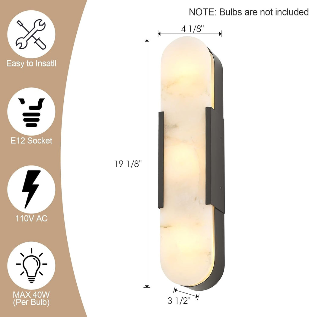 Black Modern Wall Sconces for Living Room, Marble Sconce Wall Light Fixtures for Bedroom, Alabaster Sconce Lighting for Entryway Bathroom, 1 Pack