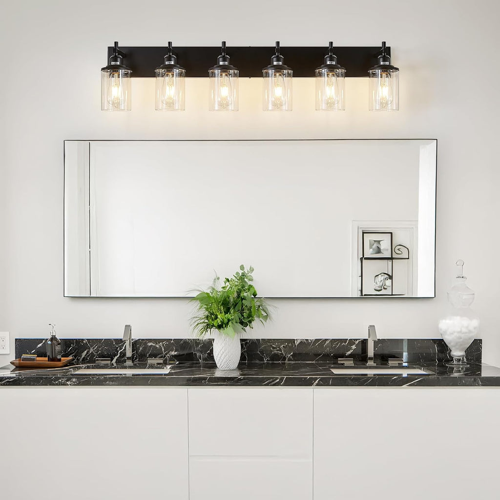 Lanhall 6-Light Black Bathroom Light Fixture Over Mirror Modern Farmhouse Bathroom Vanity Light Vintage Wall Lighting with Clear Glass Shade for Bathroom, Bedroom, Hallway, Cabinet