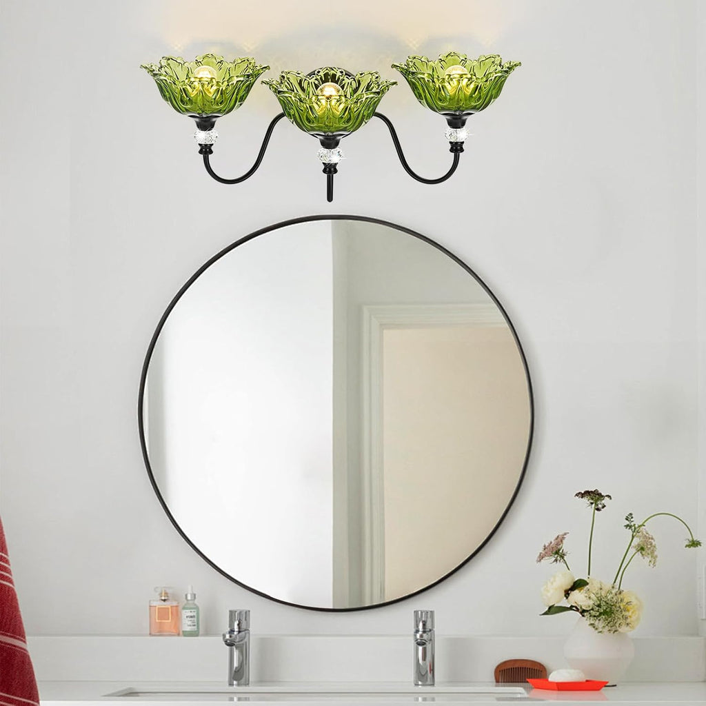 Black Bathroom Vanity Light,3-Light Vanity Light with Floral Green Glass Shades,Vintage Farmhouse Wall Mount Lighting for Bathroom, Dressing Table