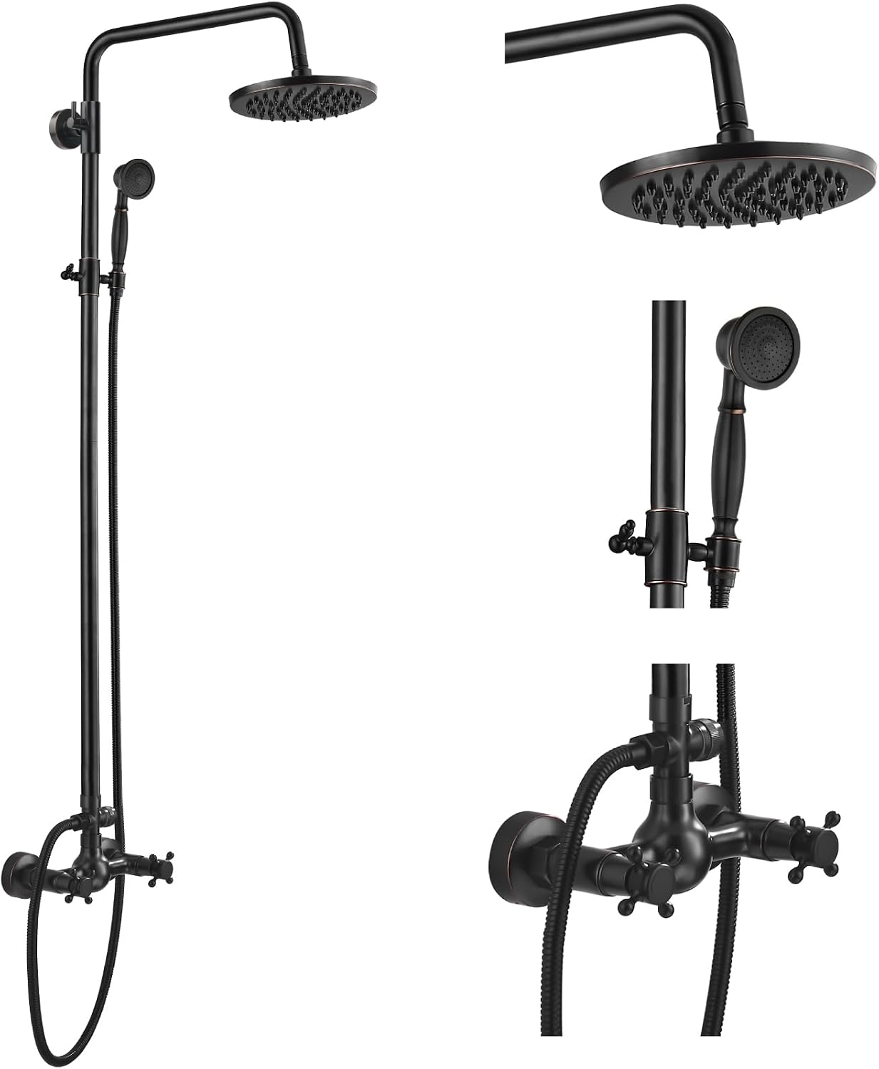 gotonovo Exposed Bathroom Shower Faucet Set Shower Fixture 8 Inch Rainfall Shower Head Handheld Shower Cross Handle Wall Mount 2 Functions Oil Rubbed Bronze