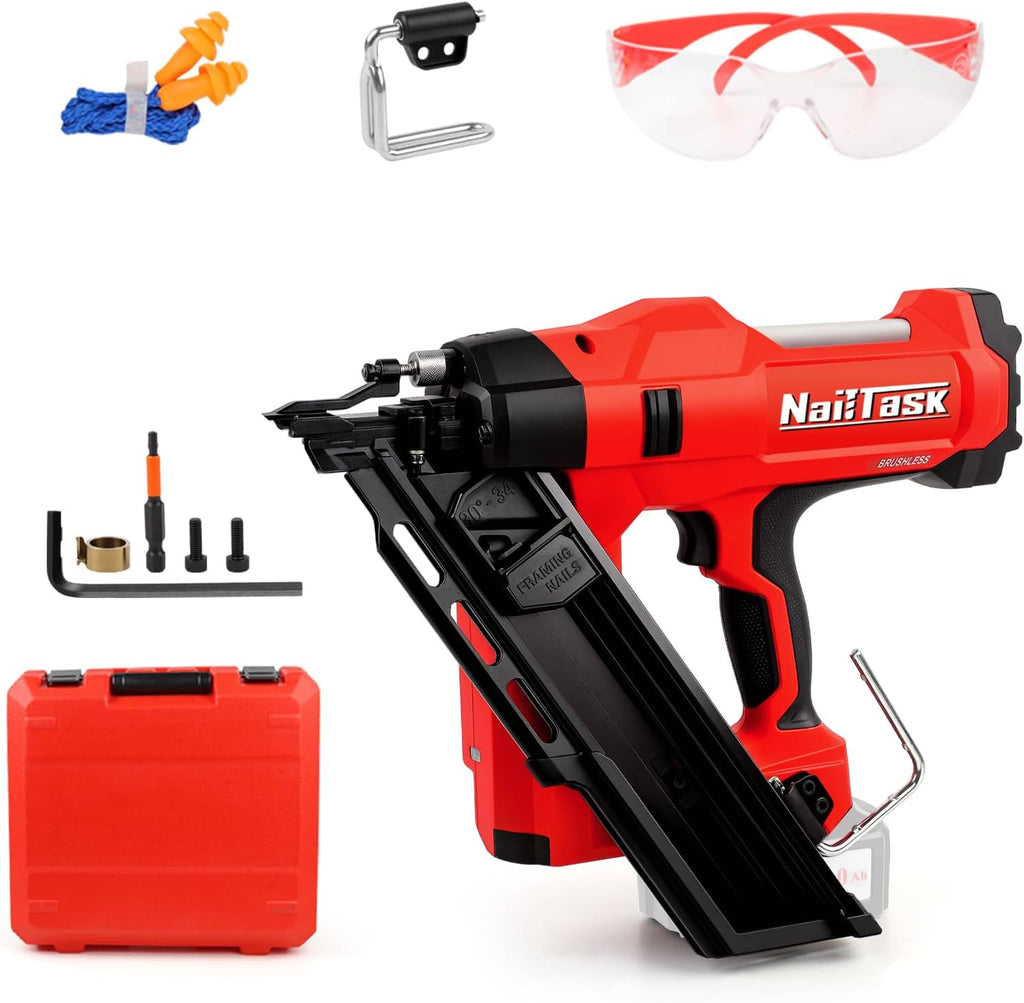 34° Electric Cordless Framing Nail Gun Dual Mode 3 1/2 Inch Pin Nailer Cordless Metal Roofing Set for Construction Furniture Wood Depth Adjust Brushless Motor Power Tools (Without Battery)