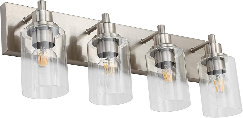 LOUSACE 4 Light Bathroom Vanity Light Brushed Nickel, Bathroom Lighting Fixtures with Clear Glass Shades Over Vanity Mirror, Modern Wall Sconces Fixtures for Bedroom Living Room, E26 Socket