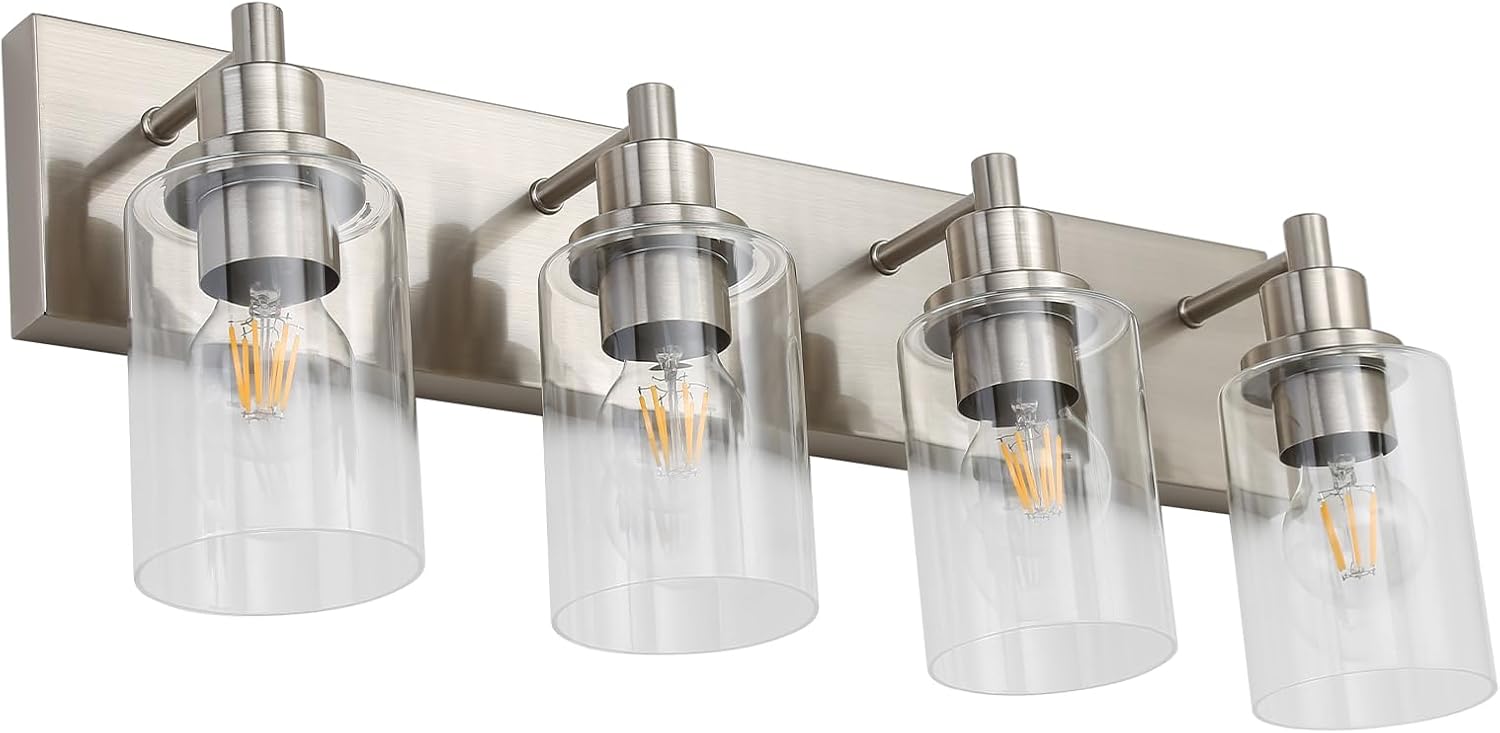 LOUSACE 4 Light Bathroom Vanity Light Brushed Nickel, Bathroom Lighting Fixtures with Clear Glass Shades Over Vanity Mirror, Modern Wall Sconces Fixtures for Bedroom Living Room, E26 Socket