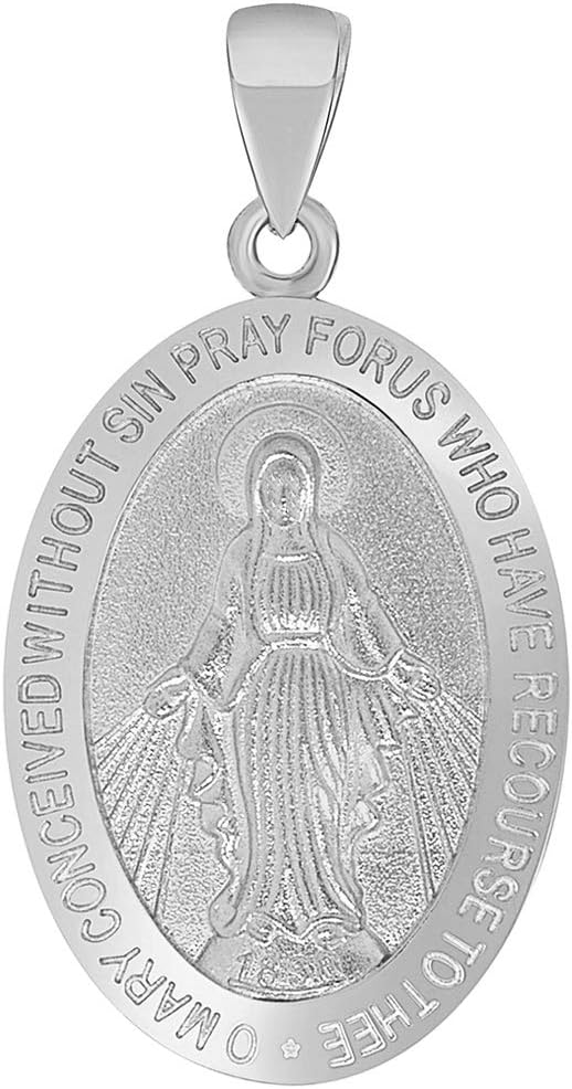 Jewelry America Solid 14k White Gold Classic Miraculous Medallion of the Virgin Mary Pendant (Small)