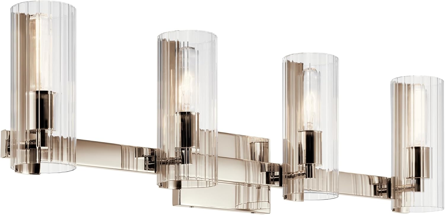 Kichler Jemsa 4-Light Bathroom Vanity Light Fixture with Clear Fluted Glass in Polished Nickel, Modern Wall Mount Light for Bathroom Over Mirror (9.75' x 32'), 55169PN
