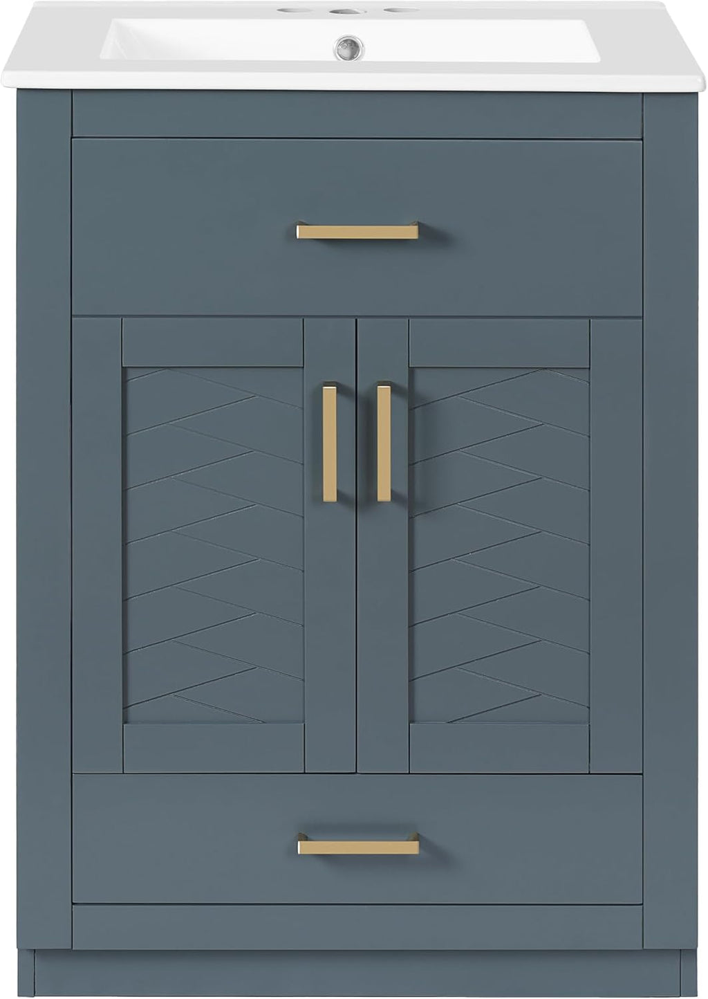 24 Inch Dark Blue Bathroom Vanity with Sink & Integrated Countertop,Freestanding Single Bathroom Vanity with Gold Handles,Tip-Out Tray & Bottom Drawer,Soft Closing Doors,Herringbone Front