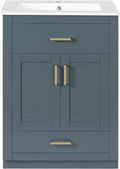 24 Inch Dark Blue Bathroom Vanity with Sink & Integrated Countertop,Freestanding Single Bathroom Vanity with Gold Handles,Tip-Out Tray & Bottom Drawer,Soft Closing Doors,Herringbone Front