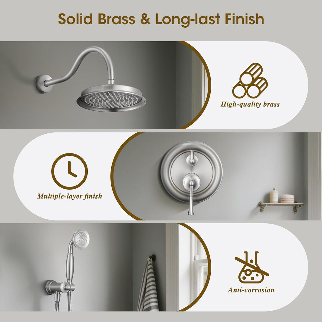 Rain Shower Head with Handheld Spray, Rainfall Shower System with Rough-in Valve, Shower Faucet Set with Pressure Balance Valve, 9 Inch Luxury Shower Trim Kit Wall Mount, Brushed Nickel