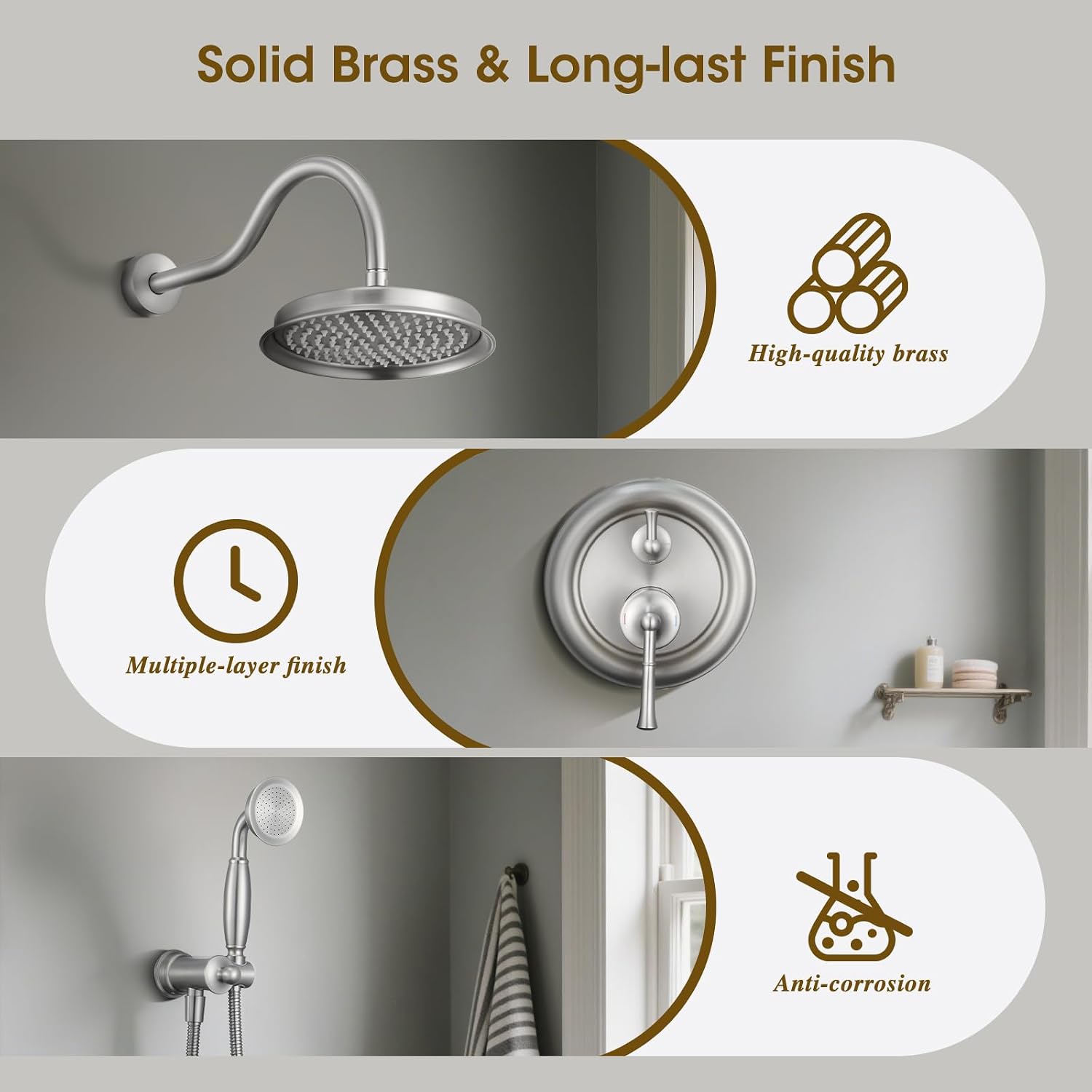 Rain Shower Head with Handheld Spray, Rainfall Shower System with Rough-in Valve, Shower Faucet Set with Pressure Balance Valve, 9 Inch Luxury Shower Trim Kit Wall Mount, Brushed Nickel