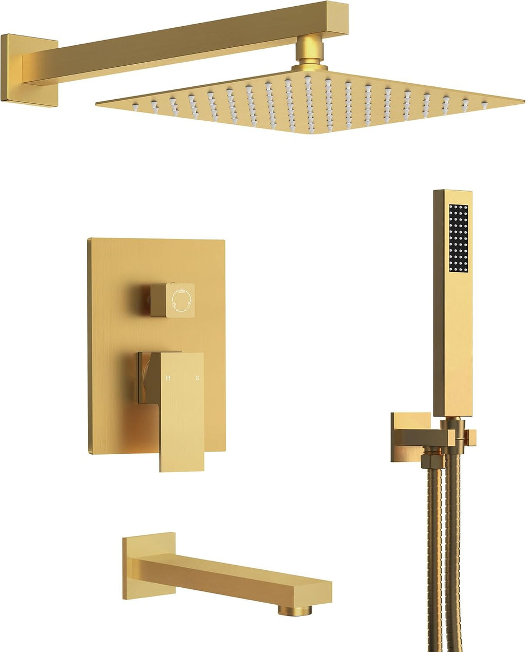 Shower Tub Faucet Set, 10' Bathroom Rainfall Shower Head Fixtures Combo with Handheld Spray and Tub Spout, Brushed Gold (Valve Included)