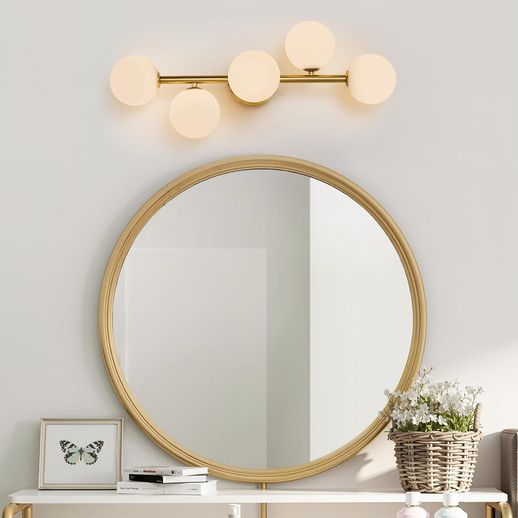 LED Bathroom Vanity Light Fixtures: Modern Gold Brushed Brass 5 Lights Wall Sconce Lighting - Dimmable Vanity Light with Milk White Globe Bubble Glass Shade - Mid century Bathroom Lights over Mirror