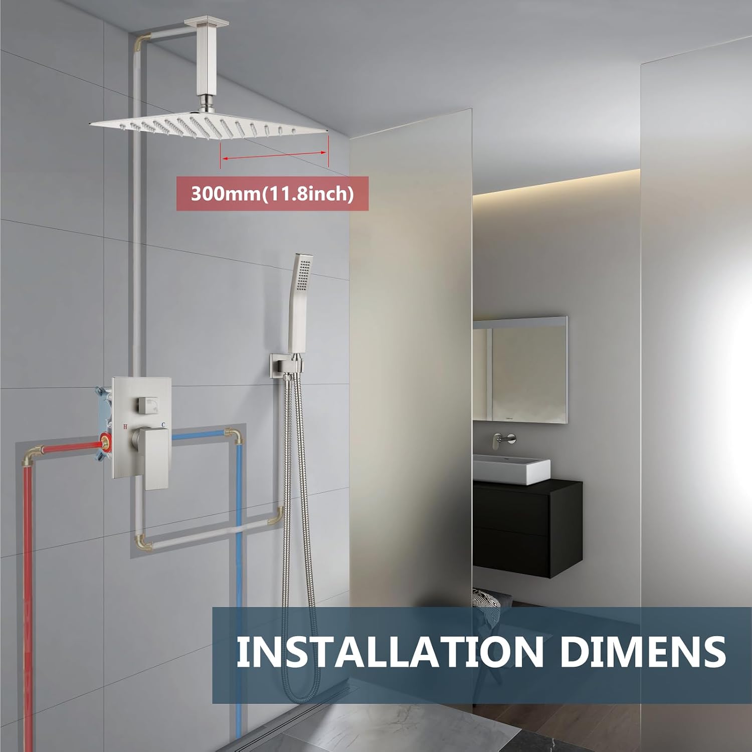 Aolemi Ceiling Mount Shower System Rain Shower Head with Handheld Spray High Pressure Shower Faucet Set Rough-in Valve Shower Trim Kit Included Bathroom Brushed Nickel 12 Inch Ceiling Shower Head