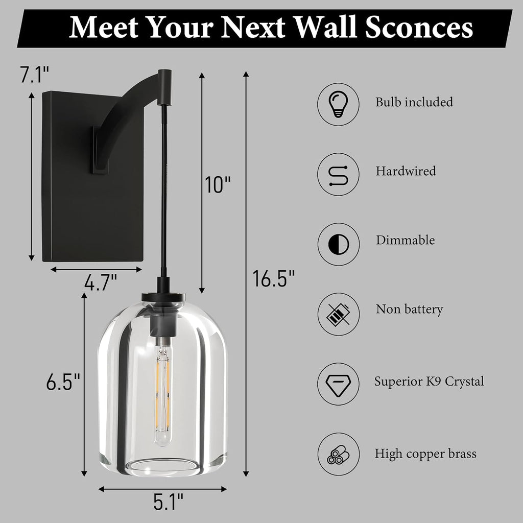 Crystal Brass Hemisphere Wall Sconce - Set of 2 Black Brushed Dimmable Sconces with Bulbs - Modern Hanging Light Decor - Luxury Indoor Lighting Fixture for Bedroom Living Room Bathroom Vanity Hallway