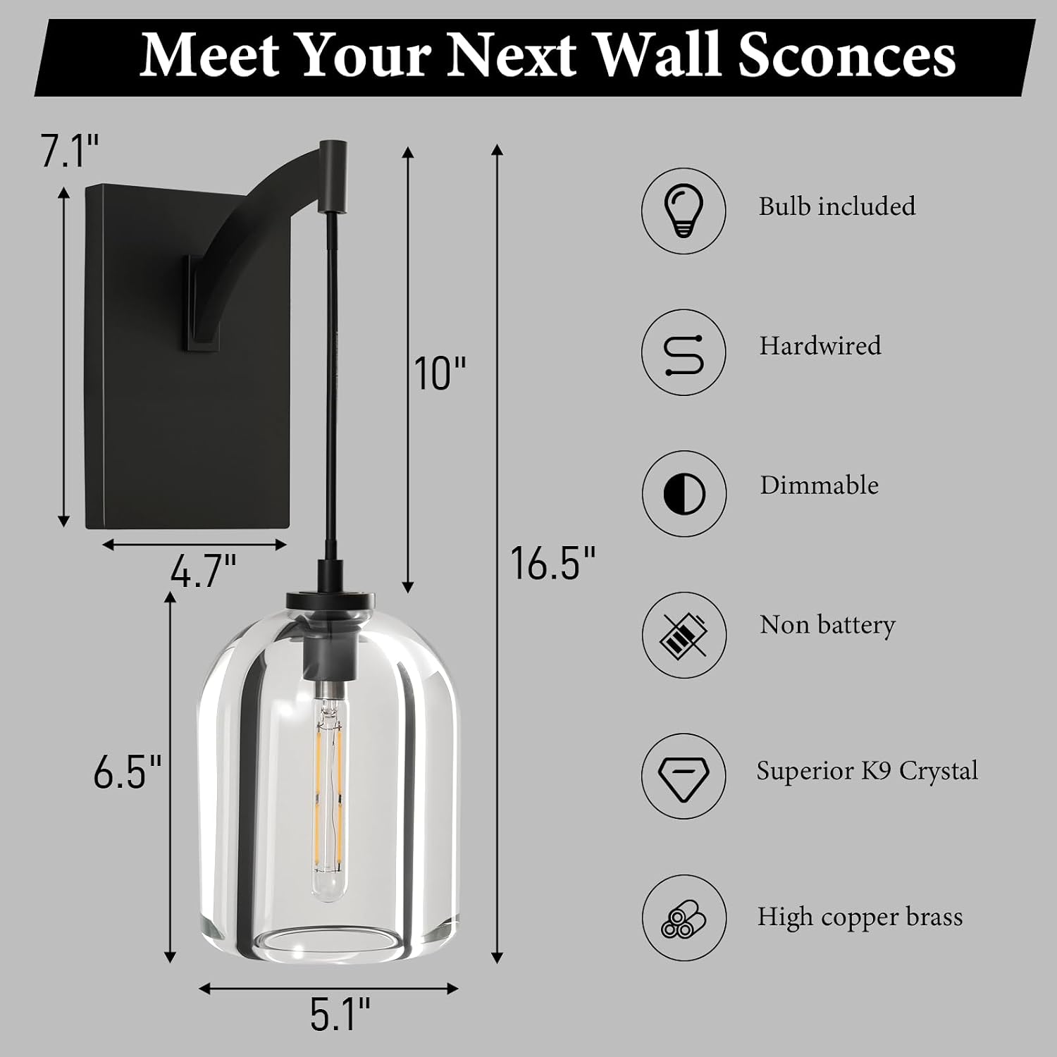 Crystal Brass Hemisphere Wall Sconce - Set of 2 Black Brushed Dimmable Sconces with Bulbs - Modern Hanging Light Decor - Luxury Indoor Lighting Fixture for Bedroom Living Room Bathroom Vanity Hallway