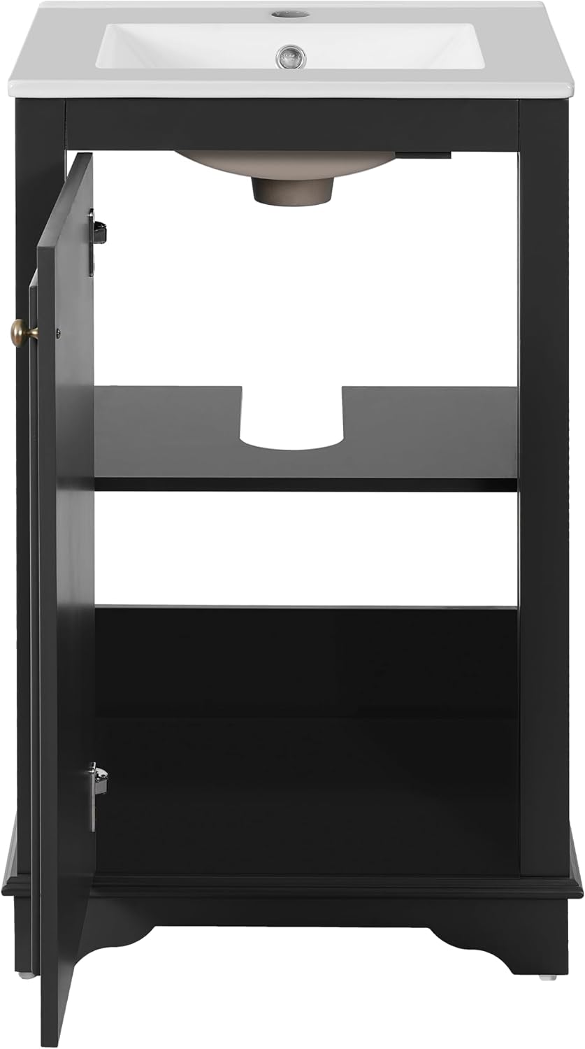 Merax 20' Narrow Bathroom Vanity with Ceramic Sink, Freetanding Modern Single Vanity Set with Soft Closing Door and Adjustable Shelf (Black)