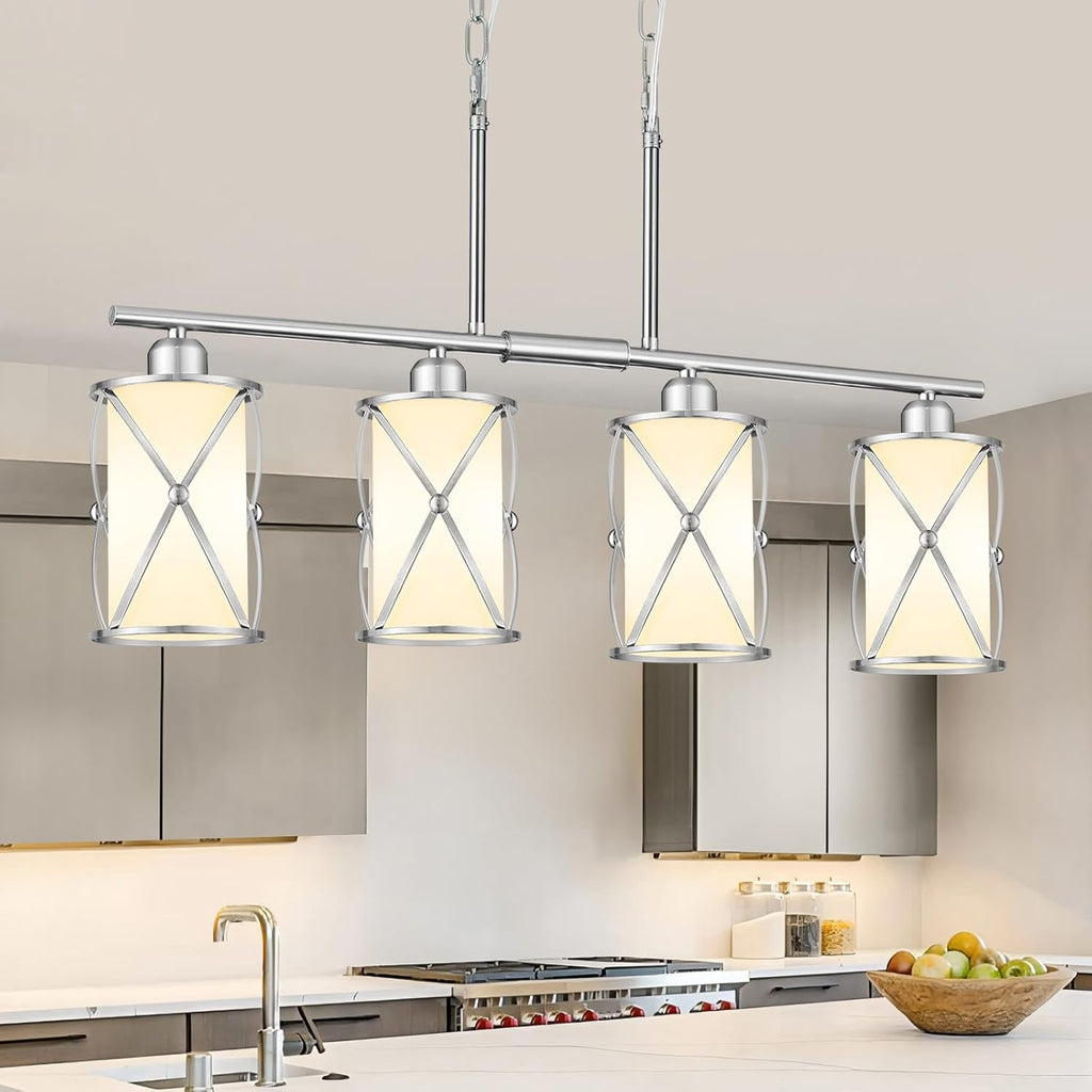 4-Light Kitchen Island Lighting, Linear Brushed Nickel Dining Room Light Fixtures with Milk Glass, Modern Industrial Chandelier Pendant Light for Kitchen Island Dining Room, CH9176BNW-4IS