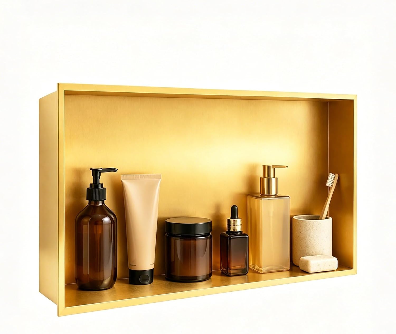SaniteModar Shower Niche, Stainless Steel Shower Niche No Tile Needed, Recessed for Bathroom Storage (Brushed Gold, 16' x 28')