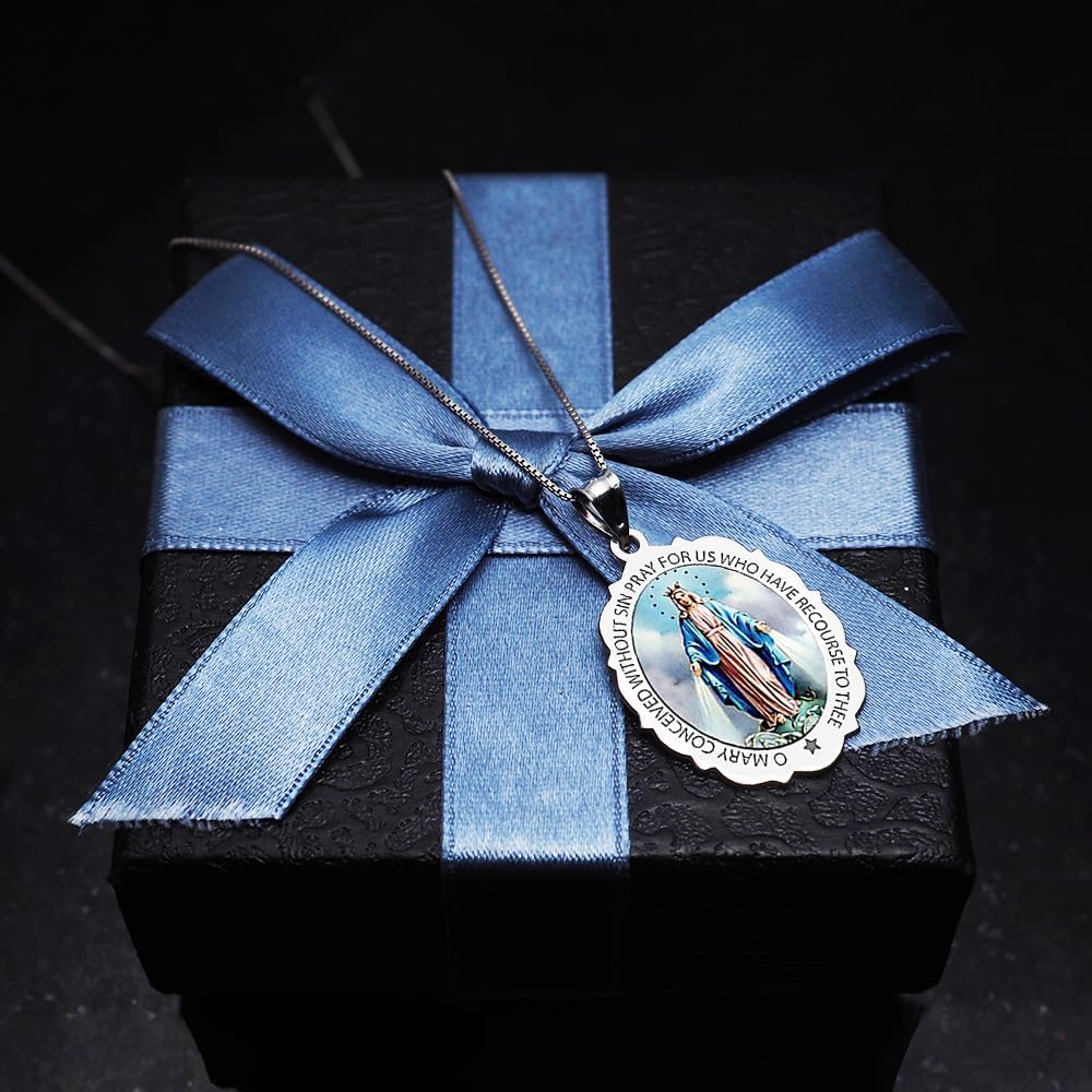 PicturesOnGold.com Miraculous Medal Necklace Catholic Virgin Mary Pendant Oval Pendants for Women & Men Crafted in 10K/14K Yellow or White Gold & Sterling Silver Christian Gifts for Men & Women or First Communion Gifts for Boys or Girls