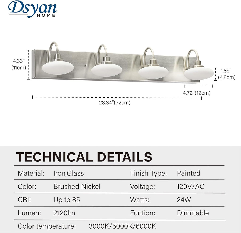 28in Brushed Nickel LED Vanity Light Fixtures,4-Light Bathroom Vanity Light Sconce Lamp,Bathroom Lamp Over Mirror, Modern Wall Sconce for Bath,Hallway,Cloakroom,3000K-6000K,Selectable, Dimmable