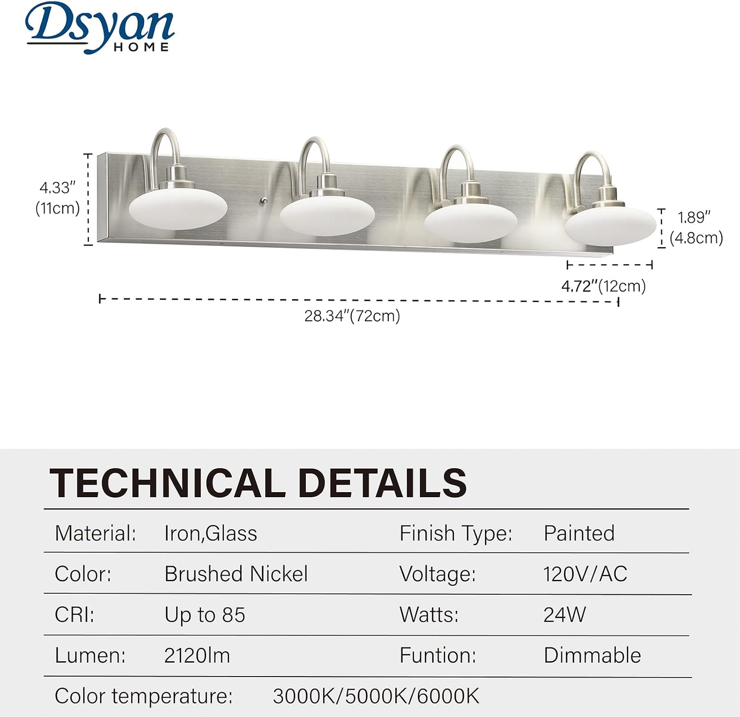 28in Brushed Nickel LED Vanity Light Fixtures,4-Light Bathroom Vanity Light Sconce Lamp,Bathroom Lamp Over Mirror, Modern Wall Sconce for Bath,Hallway,Cloakroom,3000K-6000K,Selectable, Dimmable