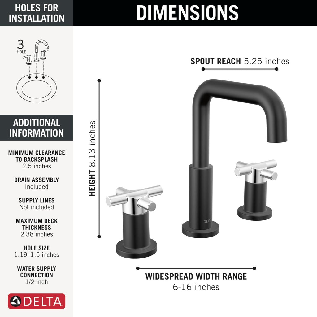 Delta Nicoli Chrome Bathroom Faucet 3 Hole, 8 Inch Widespread Bathroom Sink Faucet for Vanity, Push-Pop Drain Assembly, Chrome 35894LF