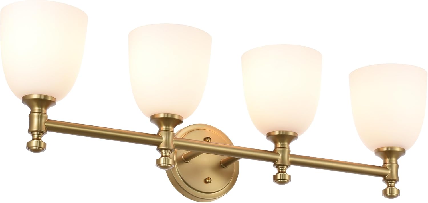 Gold Bathroom Vanity Light, 4-Light Bathroom Light Fixtures Over Mirror, Traditional Vanity Lights for Living Room, Milk White Bell Glass Shades, Standard E26 Base, Aged Brass