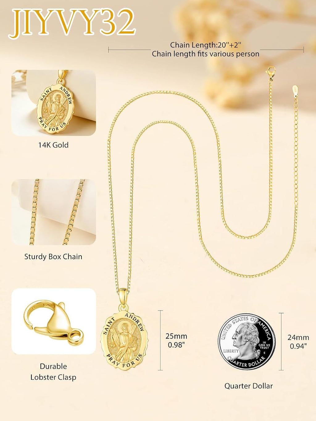 14K Gold Saint Medal Necklace for Women, Catholic Patron Saint Pendant Necklace, Christian Religious Jewelry Gift for Confirmation Baptism Communion Christmas Birthday