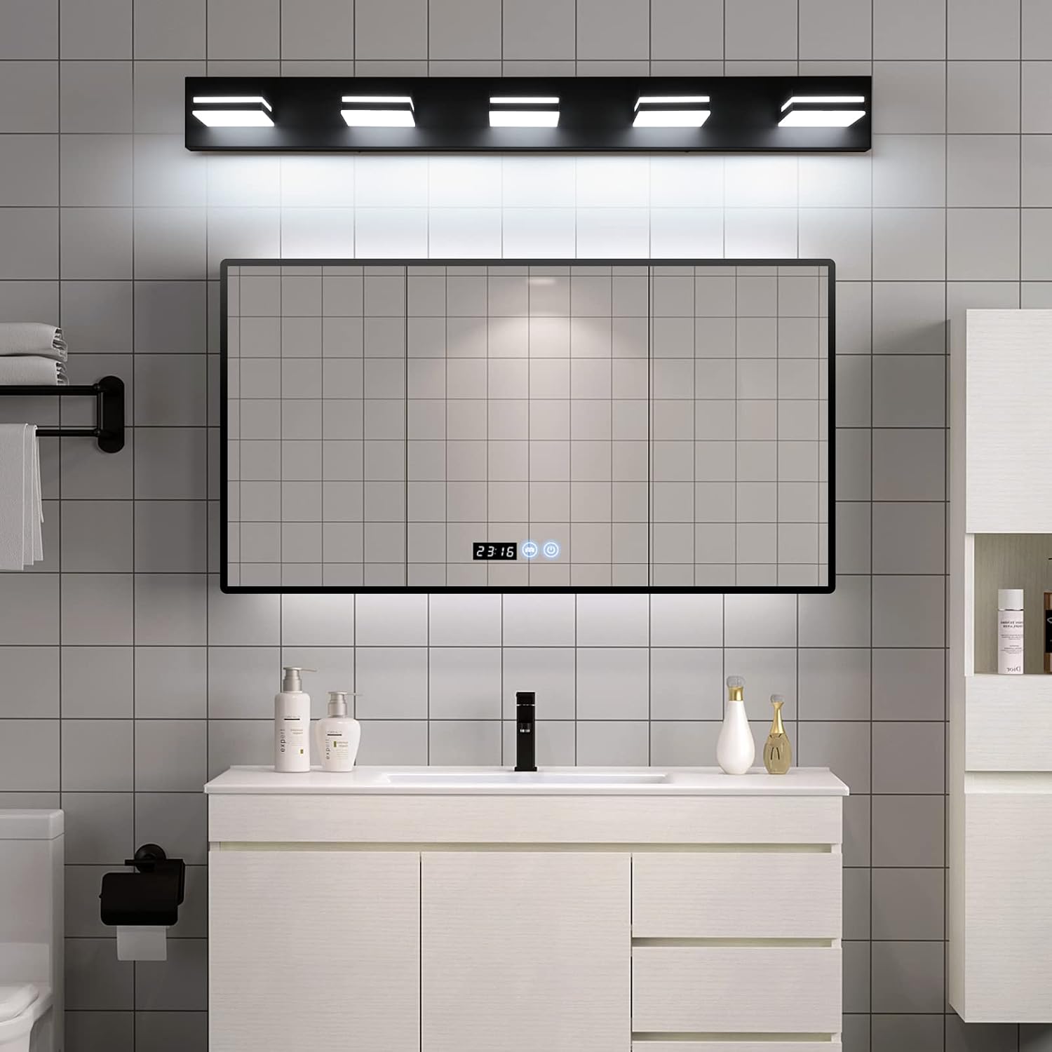 SineRise LED Modern Bathroom Vanity Light Fixtures (5-Light, 40-Inch), Matte Black Modern Acrylic Bathroom Wall Lighting Fixtures Over Mirror (Cool White 6000K)