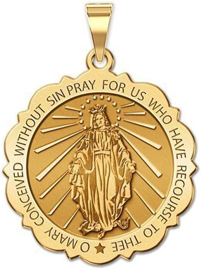 PicturesOnGold.com Miraculous Medal Scalloped Round 10K And14K Yellow or White Gold, or Sterling Silver