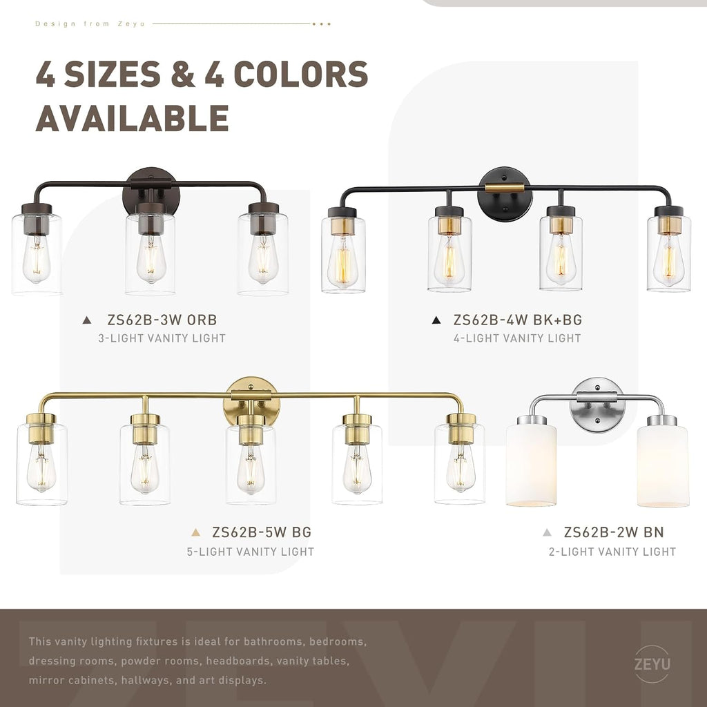 zeyu 5 Light Sconces Wall Lighting, 37 Inch Bathroom Vanity Light Fixtures, Brushed Gold Finish, Clear Glass Shade, ZS62B-5W BG