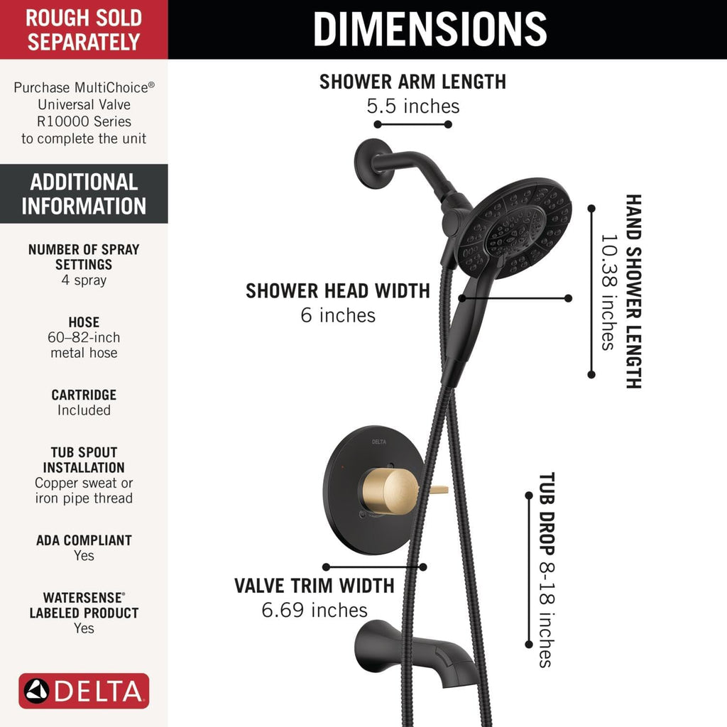 Delta Albion Bathtub Shower Faucet Set in Black/Gold 1.75 GPM, T144855-GZ-I