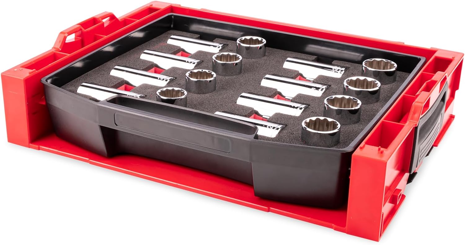 TEKTON 1/2 Inch Drive Shallow and Deep 12-Point Socket Set with Open Top Drawer and Rack, 16-Piece (25-32 mm) | SHD92708
