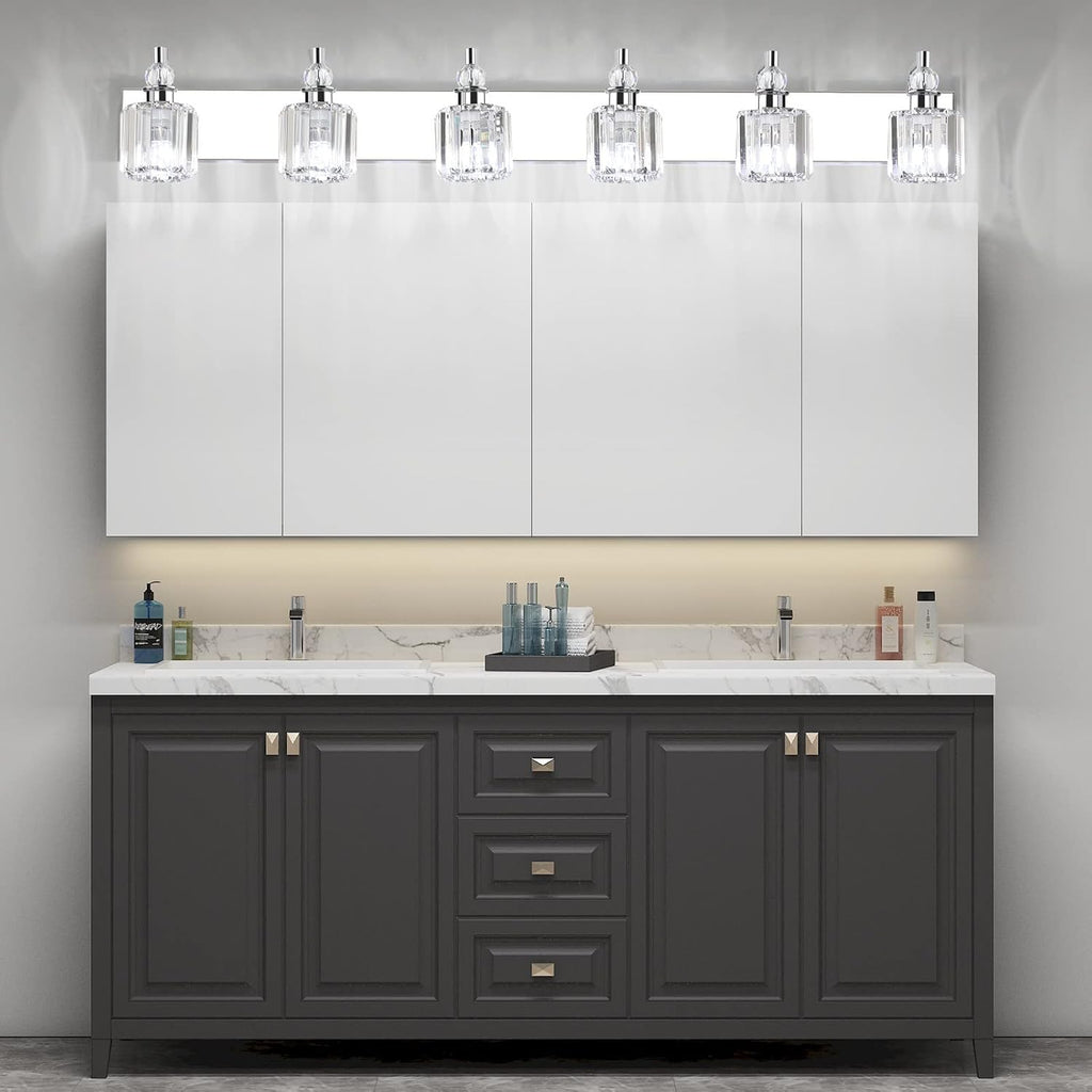 Ralbay Crystal Vanity Lights 6 Light 48' Modern Crystal Bathroom Lights Fixtures Over Long Mirror Stainless Steel Chrome Vanity Light for Bathroom Wall Lights Fixtures
