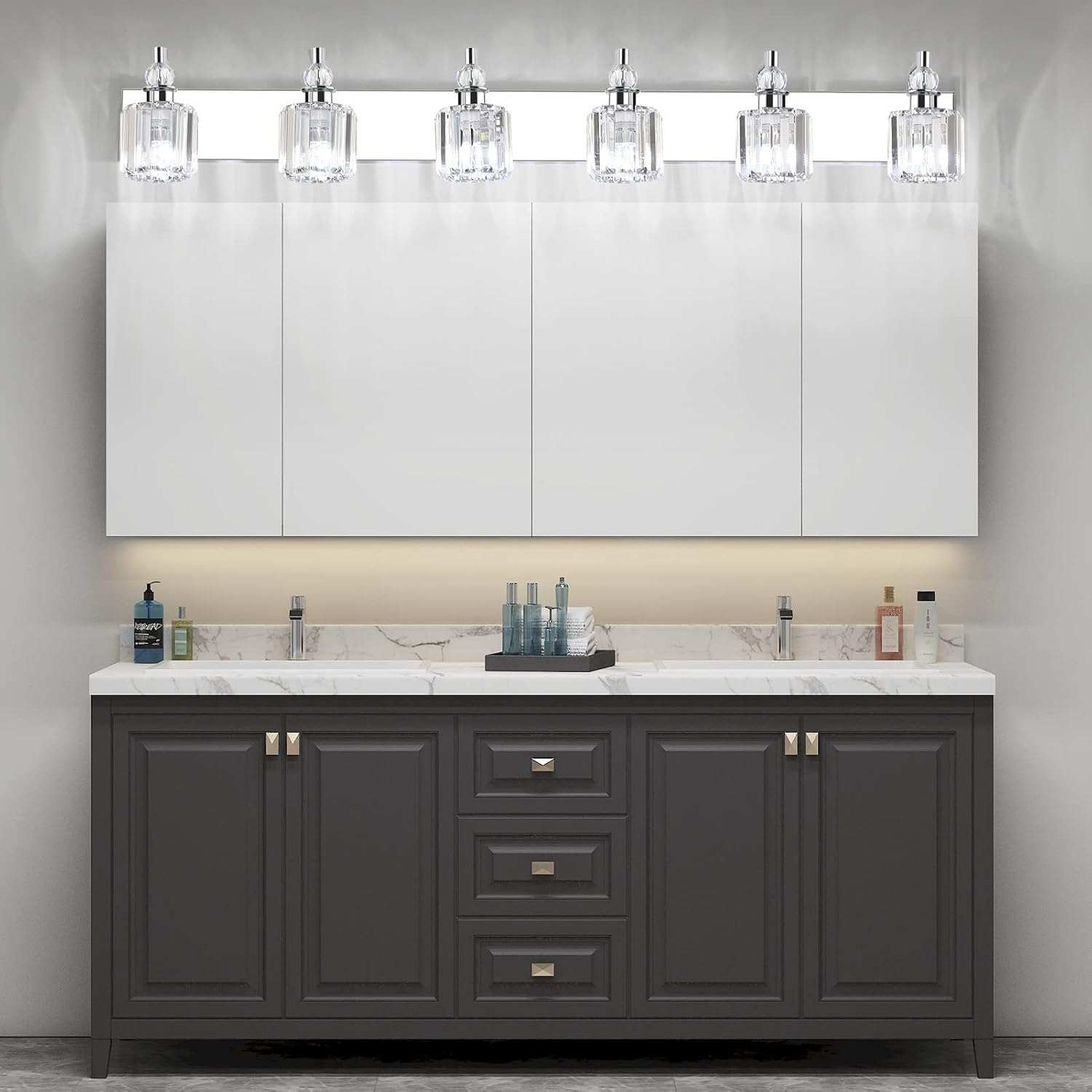 Ralbay Crystal Vanity Lights 6 Light 48' Modern Crystal Bathroom Lights Fixtures Over Long Mirror Stainless Steel Chrome Vanity Light for Bathroom Wall Lights Fixtures