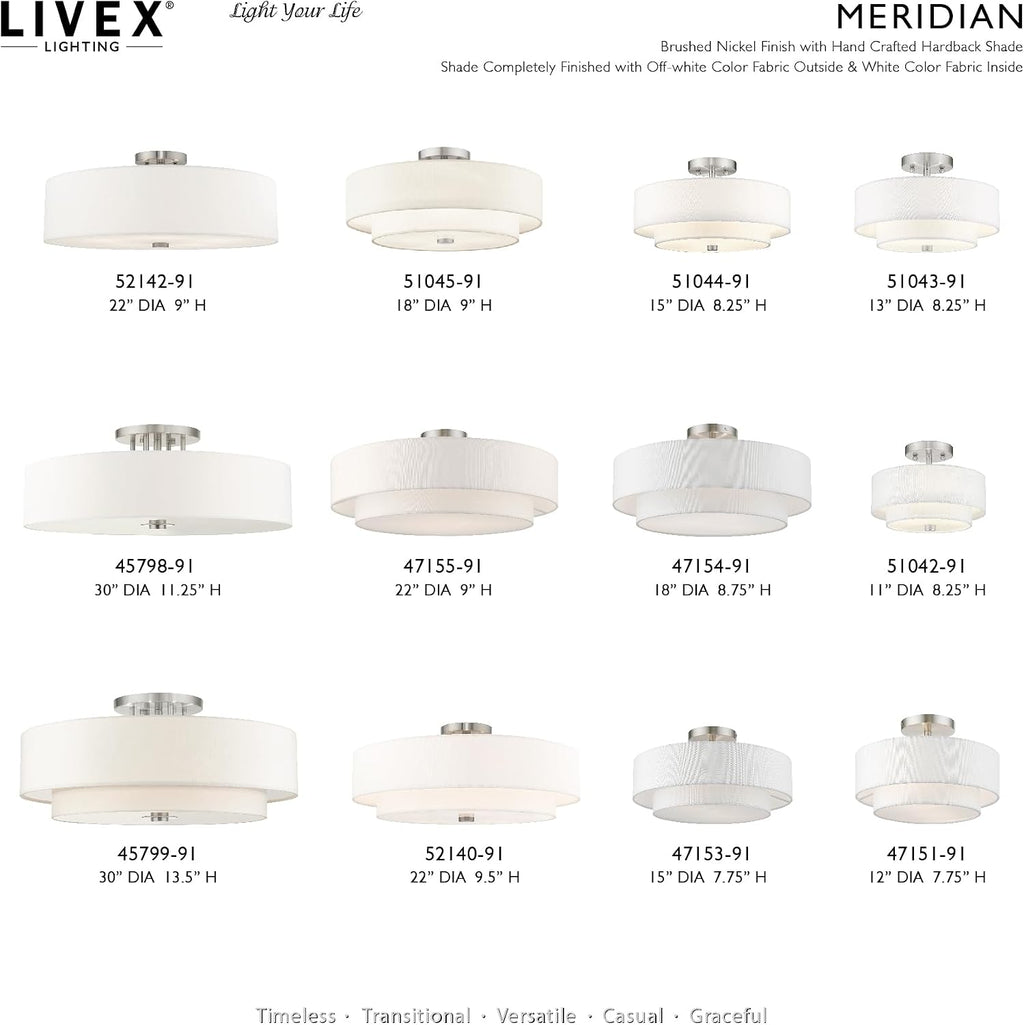 Livex Lighting 51044-91 Brushed Nickel Flush Mount with Off-White Fabric Hardback Shade