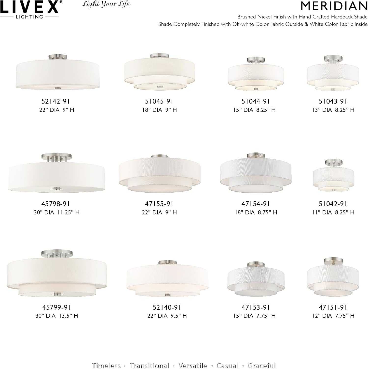 Livex Lighting 51044-91 Brushed Nickel Flush Mount with Off-White Fabric Hardback Shade