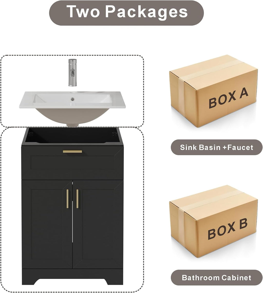 KIGOTY 24' Modern Bathroom Vanity with Ceramic Sink, Wooden Bathroom Storage Cabinet and Sink Combo Set, Freestanding Vanity Sink Cabinet with Faucet, Drawer and Soft-Closing Door (Black)