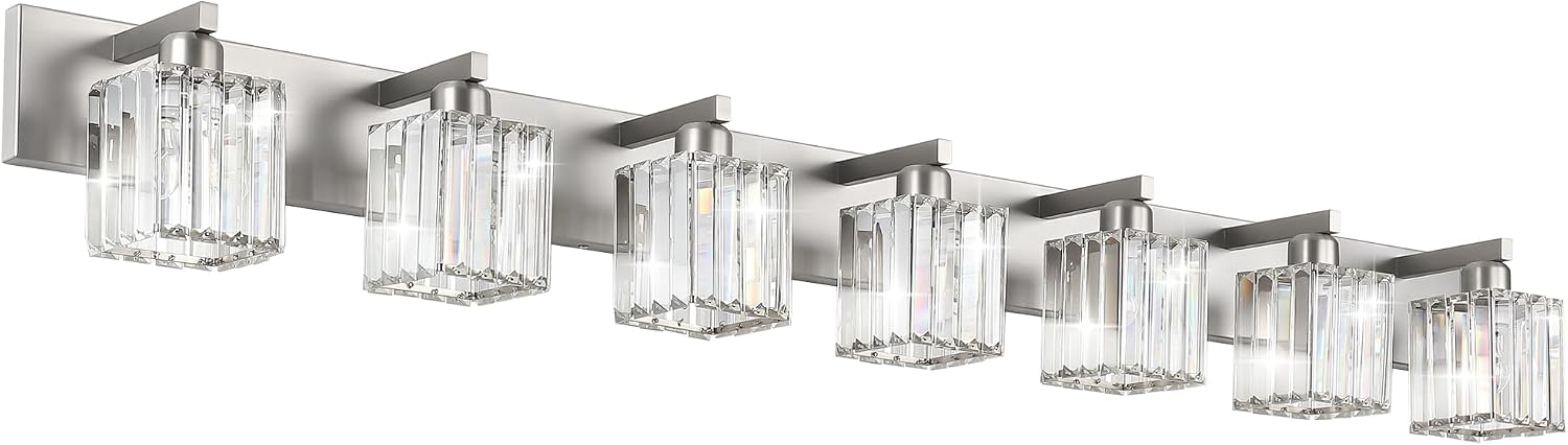Aipsun Brushed Nickel Bathroom Light Fixtures Crystal Vanity Lighting Fixture Modern Bathroom Vanity Light 7 Light (Exclude Bulb)