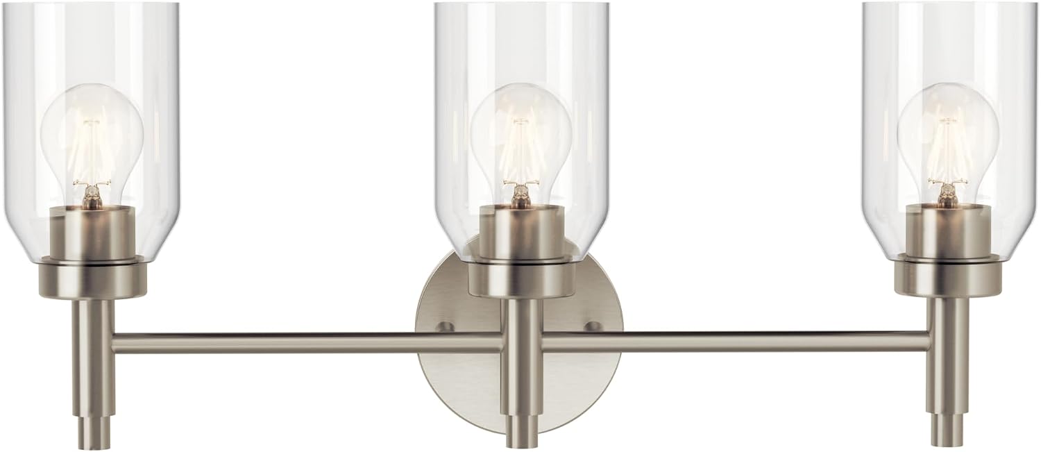 Kichler Madden 3-Light Bathroom Vanity Light Fixture with Clear Glass in Brushed Nickel, Modern Wall Mount for Mirror Lighting Over Vanity (10.5 in x 24 in), 55185NI