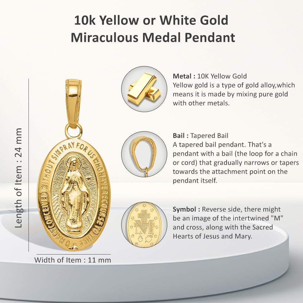 10K Yellow or White Gold Miraculous Medal Pendant (L- 0.95 Inch, W- 0.44 Inch)